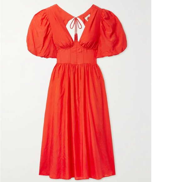 Farm Rio Orange Puffy Sleeved Corset Midi Dress Size XL - Picture 3 of 14